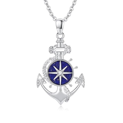 Anker Halskette für Damen 925er Sterling Silber Kompass mit Lapislazuli Anhänger Kette Anker Schmuck für Mutter Frau Freundin