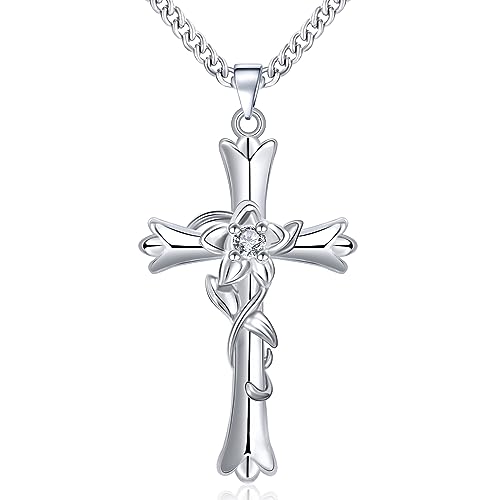 Mesovor Silberne Kreuzkette für Frauen, Verstellbare Glauben Kreuz Gott Gesegnet Anhänger Halskette | Blumen-Herz-Liebes-Ketten -Schmuck-Geschenke (Narzissen-Hoffnung)