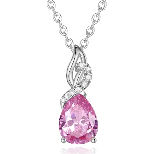 FANCIME 14 Karat 585 Weiß Gold Tropfen Anhänger mit 925 Silber Kette Edelstein Halskette Synthetisch Rosa Turmalin 0.28ct Diamant Geschenk Schmuck für Damen