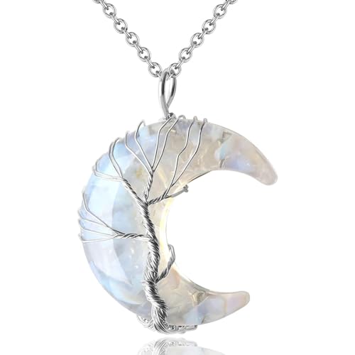 Kristalle Steine Frauen Halskette Natürlicher Mondstein/Jade Platinierter Messingdraht Handgemacht Wicklung Lebensbaum Mond/Herz Kette 45cm