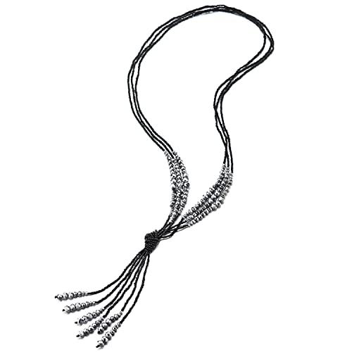 COOLSTEELANDBEYOND Boho Chic Lariat Halskette Statement Franse Quaste Anhänger Schwarz Silber Kristall Perlen Stränge Lange Kette Y-Form