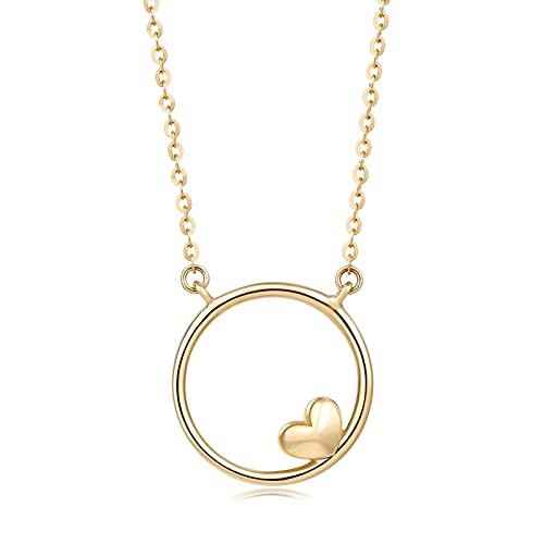FANCIME Solide 14 Karat 585 Gold Kette Kreise und Herzen Anhänger Halskette Einfache minimalistische Geschenk Schmuck für Damen Mädchen - Verstellbares Kette: 40 + 5 cm