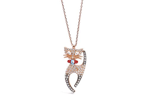 Remi Bijou 925 Sterling Silber Halskette Kette + Anhänger/Rosegold Farbe Strass/Katze