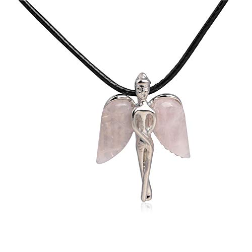 SHGbeads Chakren Edelstein Zinklegierung Engel Fee natürlicher Rosenquarz Flügel Heilung Anhänger Halskette Lederketten 40,6 cm verstellbar Trendy