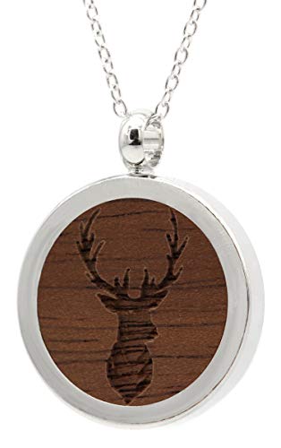 NaturSchatulle Kette mit Anhänger Holz Gravur Hirsch Halskette Holzanhänger Medaillon Silber 925 Damen Kettenanhänger Amulett Holzschmuck Charms 50cm
