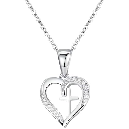 NicoWerk Damen Silberkette Herz aus 925 Sterling Silber Kreuz mit Stein Zirkonia Glänzend Ausgefallen SKE685