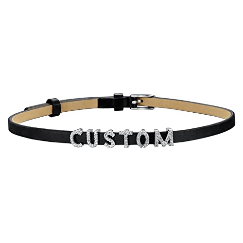 Personalisierte Buchstaben/Namen Choker Lederkette aus Mikrofaser-Leder Verstellbare Leder Choker Collier mit Charms anapssbare Zirkon Buchstaben/Zeichen Lederkette 37cm-42,5cm Kette in Weißgold