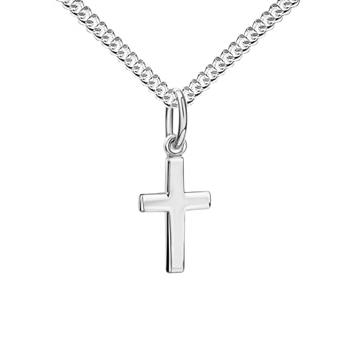 JEVELION Kreuzkette 585 Weißgold Kreuzanhänger 14 Karat hochglanz poliert – Kleiner Goldschmuck für Damen und Kinder. Mit Kette 925 Silber - Kettenlänge 45 cm.