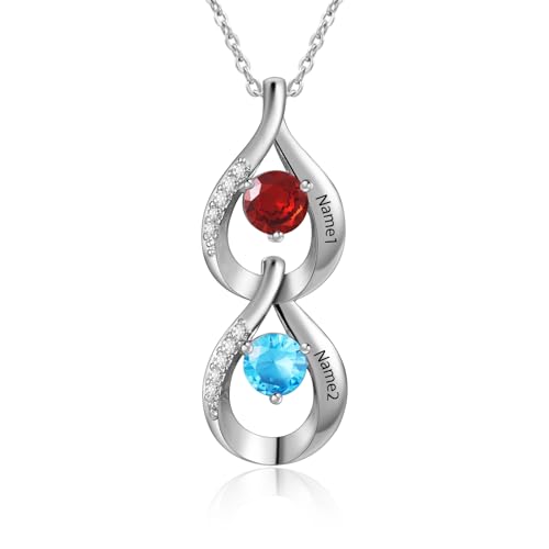 Personalisierte Damen Halskette 925 Sterling Silber Anhänger Kette mit Gravur 2-4 Namen und Geburtsstein für Mutter, Freundin, Ehefrau Muttertag Weihnachten Geburtstage Namenkette Geschenk (Silbrig-1)