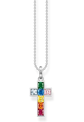 Thomas Sabo Damen Kette Kreuz mit bunten Steinen Silber, aus 925er Sterlingsilber, mit Steinbesatz in Regenbogen-Farben, Länge 45cm, KE2166-477-7-L45V