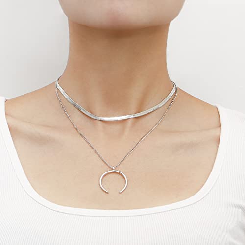 TseenYi Mondsichel Anhänger Halskette Boho Flach Fischgrätenkette Halskette Silber Mond Halskette Schlange Kette Choker Halskette Schmuck Für Frauen Und Mädchen Geschenke