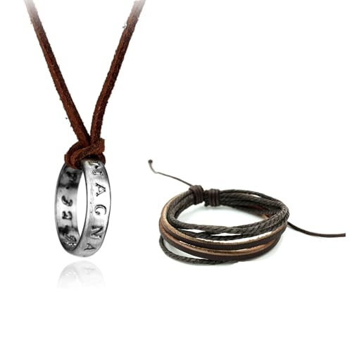 XHBTS Uncharted 4 Drake gravierte Ring-Anhänger-Halskette mit brauner Lederkette und Lederarmband und 20 Stück Uncharted wasserdichte süße Mode-Aufkleber