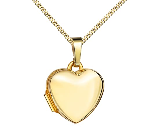 JEVELION Schmuckset-Kleines Herz Medaillon 585 Gold Herz-Amulett für 2 Bilder zum Öffnen für Damen mit Halskette und Schmuck-Etui Mit Panzer Kette 925 Silber vergoldet - Kettenlänge 36 cm.