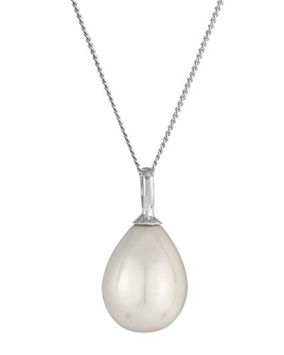 Damen Halskette mit Muschelkernperle In Tropfen Form, Kette mit Perlen Anhänger (15x12 mm) aus 925 Sterling Silber, Silberkette mit Tropfen Anhänger für Frauen, Länge 45 cm