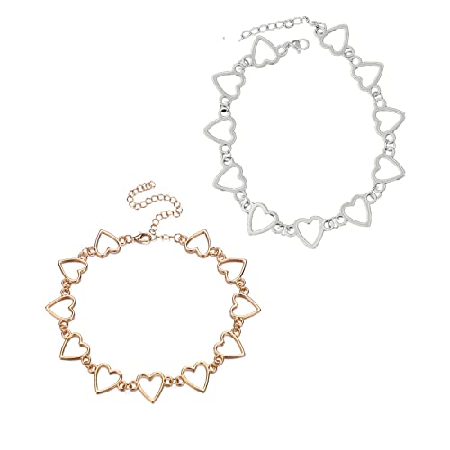 JinYu 2er-Pack Choker-Halskette mit mehreren Herzen, einfacher geometrischer Kreis, Choker-Statement, Schlüsselbein-Halskette für Frauen, Mädchen, Halskette, Schmuck, Silber, Gold