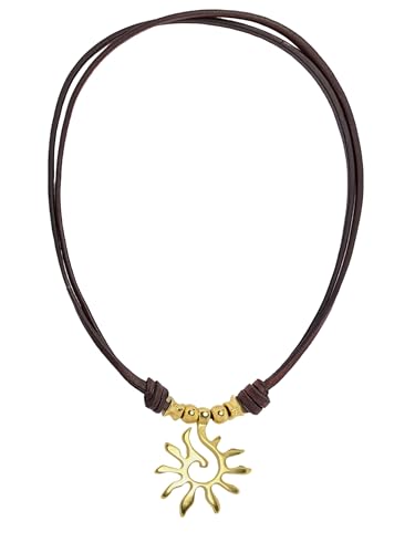 Beau Soleil Jewelry Lederkette Damen Halskette mit Anhänger Sonne längenverstellbar (Gold-Braun)