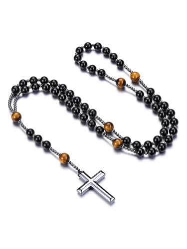Jovivi Katholische Rosenkranz Kette Tigerauge Obsidian Halskette mit Hämatit Kreuz Gebetskette Edelstein Schmuck Damen Herren