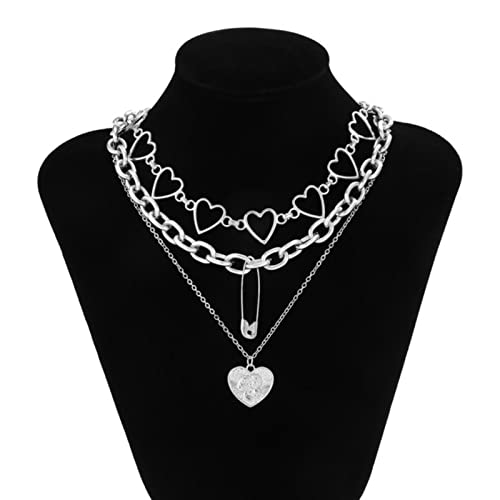 Halskette mit Herz-Anhänger, mehrlagig, Gold, Silber, Kette, Statement-Anhänger, Modeschmuck, Silber 2668