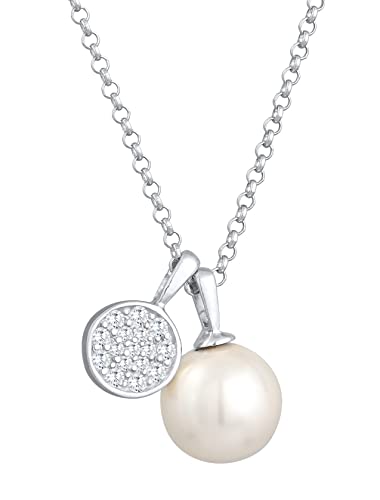 Damen Halskette mit Zirkonia Plättchen und Perle Anhänger weiß, Halskette aus 925 Sterling Silber, Silber Kette mit runden Perlenanhänger (10 mm), Silberkette für Frauen, Länge 45 cm