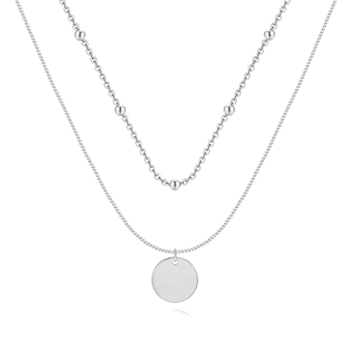 Kette für damen in silber 925 einer Doppelkette mit Perlen und einem flachen runden Medaillon. Silberkette für damen ideal als Geschenk. Halskette für damen. Schmuck Damen (Versilberung)