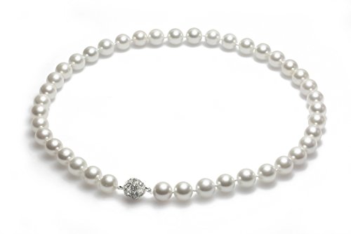 Schmuckwilli Perlenkette für Damen - 50cm Länge mit 10mm großen weißen runden Mallorca Perlen - Elegante Muschelkernperlen Kette für jeden Anlass