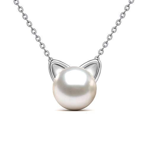 Kette Damen Silber 925 mit Anhänger Set, Kette Perle Damen Silber, Kette Katze, Halsketten für Frauen Mädchen Damen Silber 925, Halskette Katze Silber, Collier Halskette Perlen Damen 10MM - 40+5CM