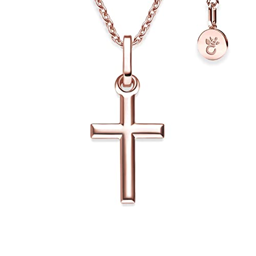 Amoonic Kreuz Kette Mädchen Rosegold (Silber 925 vergoldet)| Kreuz-Anhänger Halskette | Kinder-Schmuck Erst-Kommunion Tauf-Geschenk Konfirmation Firmung Geburt Taufe | Goldkette Kreuzkette Taufkette