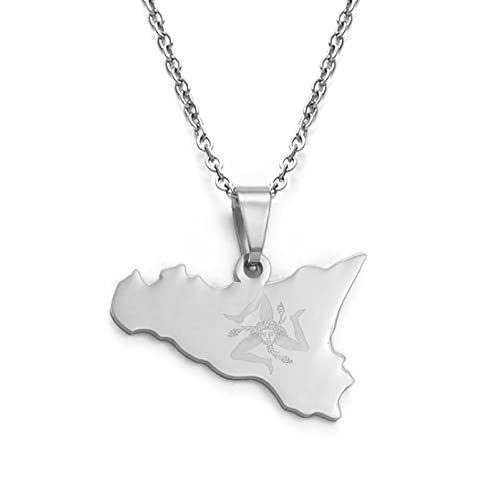 MTCDBD Italien-Sizilien-Karte Halskette Für Unisex-Schmuck, Italienischer Sicilia-Anhänger, Partykleid, Accessoires, Ethno-Stil, Patriotisches Symbol, Halskette, Geschenk, Silber, 60 cm Kette