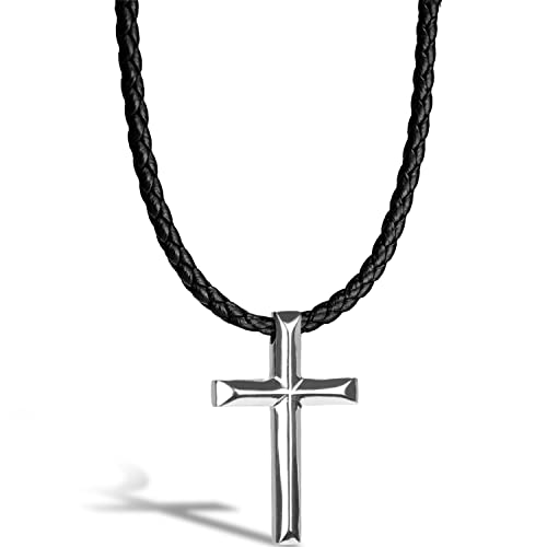 SERASAR Lederkette Herren Leder-Halskette mit Kreuz Anhänger - 60cm Silber - Lederband Kette mit Schmuck-Schachtel für Männer - Echtleder - Geschenk für Männer - Leather Necklace Men Jewelry Band