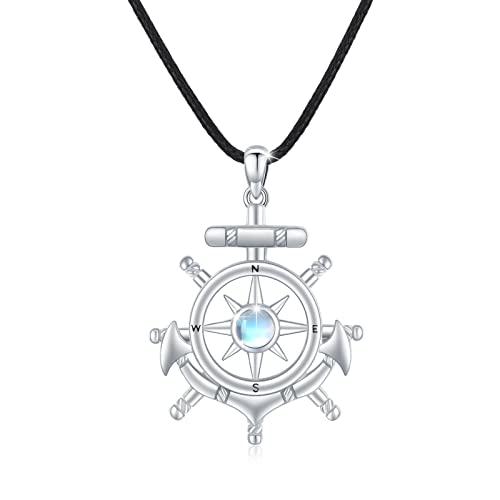 MEDWISE Damen Kompass Halskette 925 Sterling Silber Anker Anhänger Kette mit Mondstein Kompass Schmuck Geschenke für Frauen Mädchen