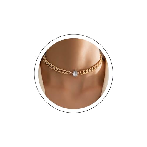 Yienate Gold Kubanische Gliederkette Choker Halskette Vintage Teardrop Strass Anhänger Halskette Punk Chunky Schlüsselbein Kette Choker Statement Rock Dicke Halskette Schmuck Für Frauen Und Mädchen