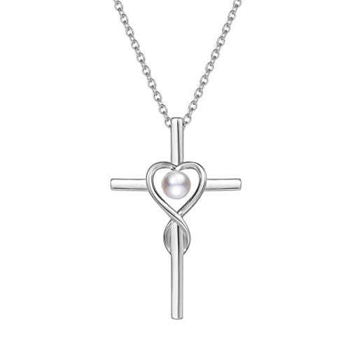 Damen Halskette mit Unendlichkeit Symbol Kreuz Anhänger Kette Infinity aus 925 Sterling Silber mit Natürlicher Perlen Edelstein Herz Form Juni Geburtsstein - Verstellbar Kettenlänge: 40 + 5 cm