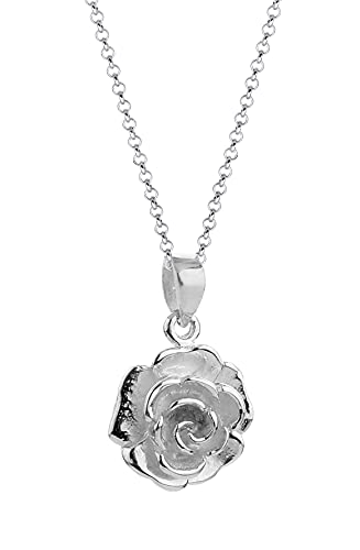 Nenalina Damen Halskette mit Rosen Anhänger 14mm, Halskette für Frauen mit Anhänger, Damen-Silberkette mit Blüte, Blumen-Schmuck für Mädchen, Kette 45 cm mit Karabiner 925 Sterling Silber