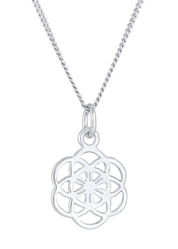 Damen Halskette mit Symbol Anhänger Blume des Lebens (12 mm), Silberkette im Boho Style aus 925 Sterling Silber, Kette mit Ornament Lebensblume für Frauen und Mädchen, Länge 45cm