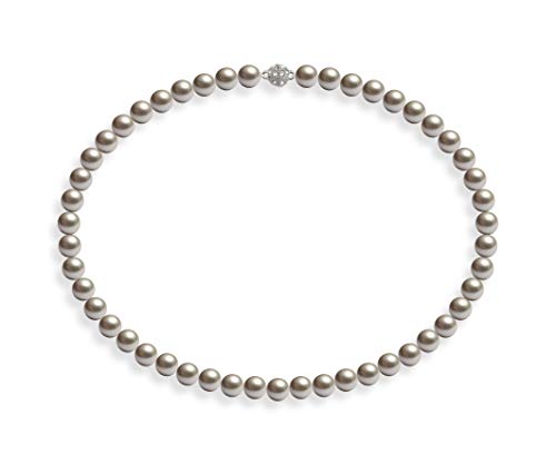 Schmuckwilli Perlenkette für Damen - 45cm Länge mit 8mm großen hell grauen runden Mallorca Perlen - Elegante Muschelkernperlen Kette für jeden Anlass