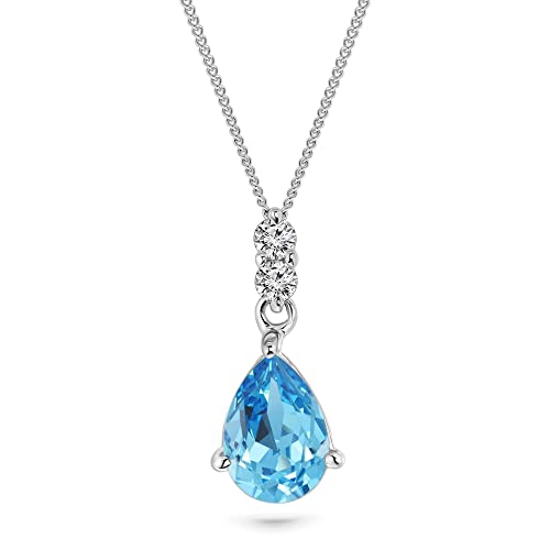 Miore Kette Damen 0.06 Ct Diamant Halskette mit tropfen Anhänger Edelstein/Geburtsstein Topas in blau Kette aus Weißgold 9 Karat / 375 Gold, Halsschmuck mit Diamanten Brillanten 45 cm lang