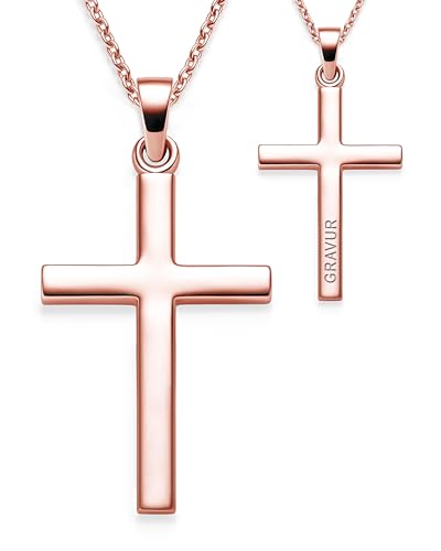 Kreuz Kette Mädchen Rosegold (Silber 925 vergoldet) mit Gravur | Kreuz-Anhänger Halskette | Kinder-Schmuck Erst-Kommunion Tauf-Geschenk Konfirmation Firmung Geburt Taufe | Kreuzkette Taufkette