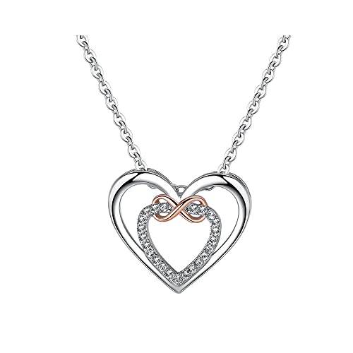 QKEPCY Damen Herzkette Doppel Herz Kette mit Zirkonia Silberkette Herzanhänger Herz Schmuck Geschenke für Frauen Freundin Sie zum Geburtstag Hochzeitstag Jahrestag Liebesbeweis Liebesgeschenk