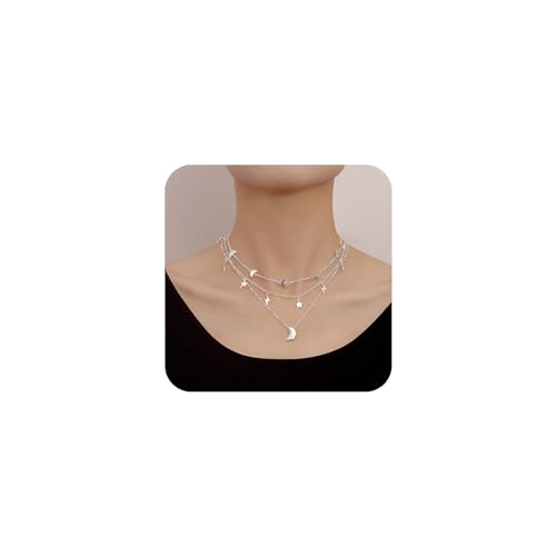 Yienate Boho Geschichtet Stern Mond Blitz Halskette Choker Vintage Silber Mondsichel Choker Stern Blitz Halskette Mond Anhänger Halskette Mehrlagig Statement Halskette Schmuck Für Frauen Und Mädchen