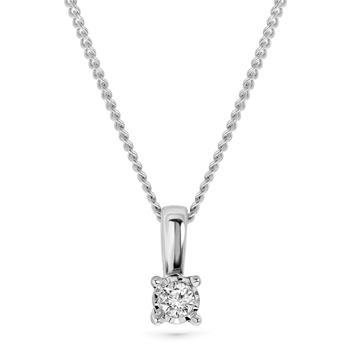 MIORE Kette Damen 0.03 Ct Diamant Halskette mit Anhänger Solitär Diamant Brillant Kette aus Weißgold 9 Karat / 375 Gold, Halsschmuck 45 cm lang