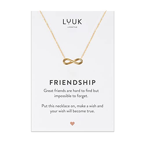 LUUK LIFESTYLE Edelstahl Kette mit Anhänger und Friendship Spruchkarte, Glücksbringer, Geschenk für die beste Freundin, trendy & filigran, Halskette mit Infinity I Unendlichkeit Zeichen, gold