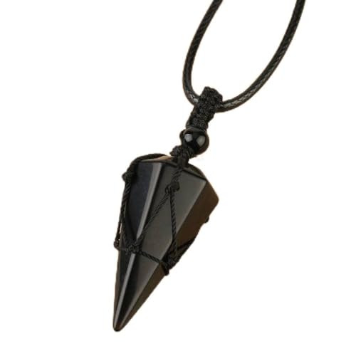 &ET Edelstein Kette, Handgewebte Wicklung Naturedelstein Hexagonal Spitz Schwarzer Onyx Kristall Halskette Anhänger Mit Verstellbarer Lederkette Kristallschmuck für Damen Herren