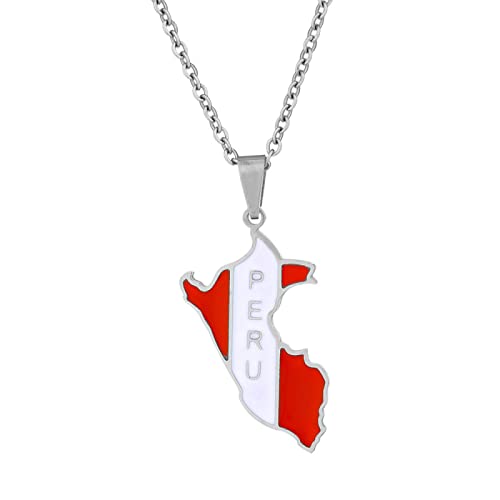 JEDTAKCT Peru-Karte Mit Flagge-Anhänger-Halskette – Tropfen-Öl-Welt-Ethno-Stil, Schlüsselbeinkette, Unisex, Patriotischer Charm-Schmuck, Pullover-Kette Für Paare, Geometrie-Halskette, Weiß, 45 cm