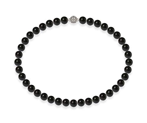 Schmuckwilli Perlenkette für Damen - 42cm Länge mit 10mm großen schwarzen runden Mallorca Perlen - Elegante Muschelkernperlen Kette für jeden Anlass