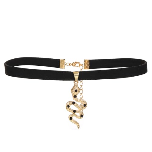 JewelryWe Schlange Halsband Samt Choker: Punk Gold Schlange Anhänger Halskette Kette Kurze Schwarze Samt Halskette Stretch Band Kragen Halskette Gothic Schlangenhalskette Schmuck für Frauen Mädchen