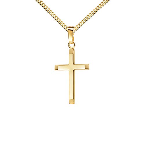 Anhänger-Kreuz Goldkreuz für Damen, Herren und Kinder mit abgeflachten Kanten als Kettenanhänger 585 Gold 14 Karat mit Schmuck-Etui und Kette