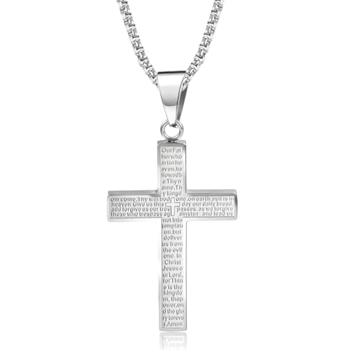 ALEXCRAFT Jesus Silber Kreuz Kette Herren Mens Jewellery Edelstahl Halskette mit Kreuz Anhänger mit 60cm Kette Silver Chain Men