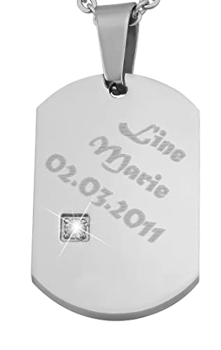 Hanessa Personalisierte Kette mit Gravur Edelstahl 50 cm mit Anhänger Dog Tag mit Strass-Stein in silber - Personalisierte Halskette für Freundin oder Freund - Personalisierter Schmuck Freundschaft