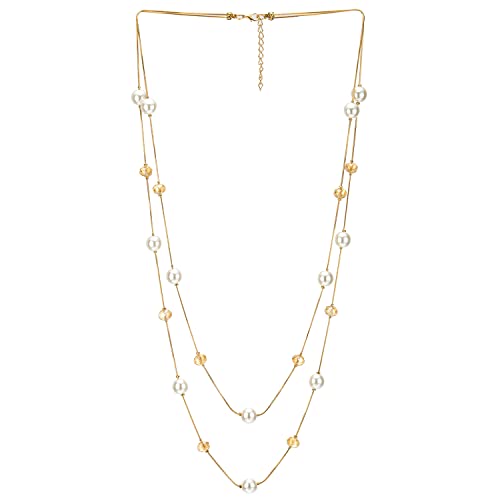 COOLSTEELANDBEYOND Gold Weiß Statement Halskette Zwei Strang Lange Kette mit Champagner Kristall Perlen Charme Anhänger, Modisch