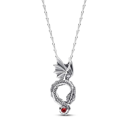 PANDORA X Game of Thrones Drache Anhänger-Halskette aus Sterlin Silber mit künstlichem Kristall in Rot, 45cm, 392967C01-45